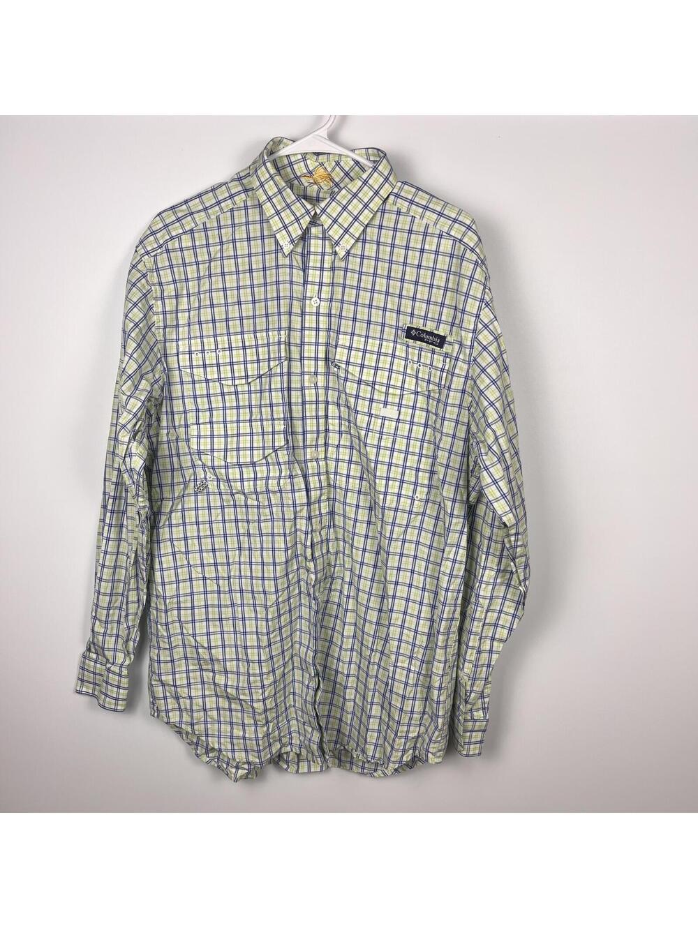 Columbia PFG Plaid Fishing Shirt Men’s Medium Blue Green Long Sleeve Vented